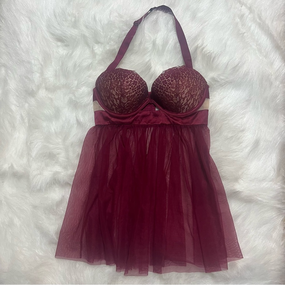 Victoria’s Secret burgundy eyelash lace negligee babydoll slip dress size 32D - Picture 5 of 7